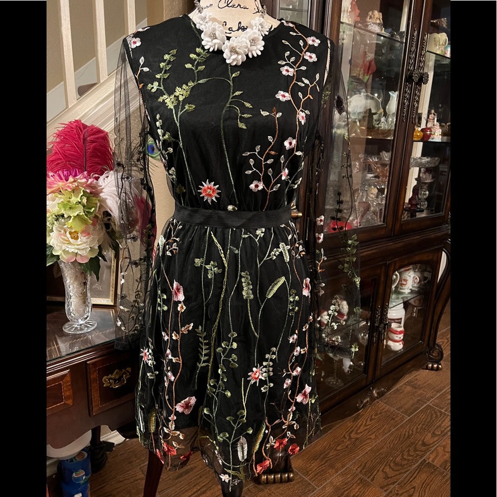 Stunning Black Embroidered Overlay Floral Dress